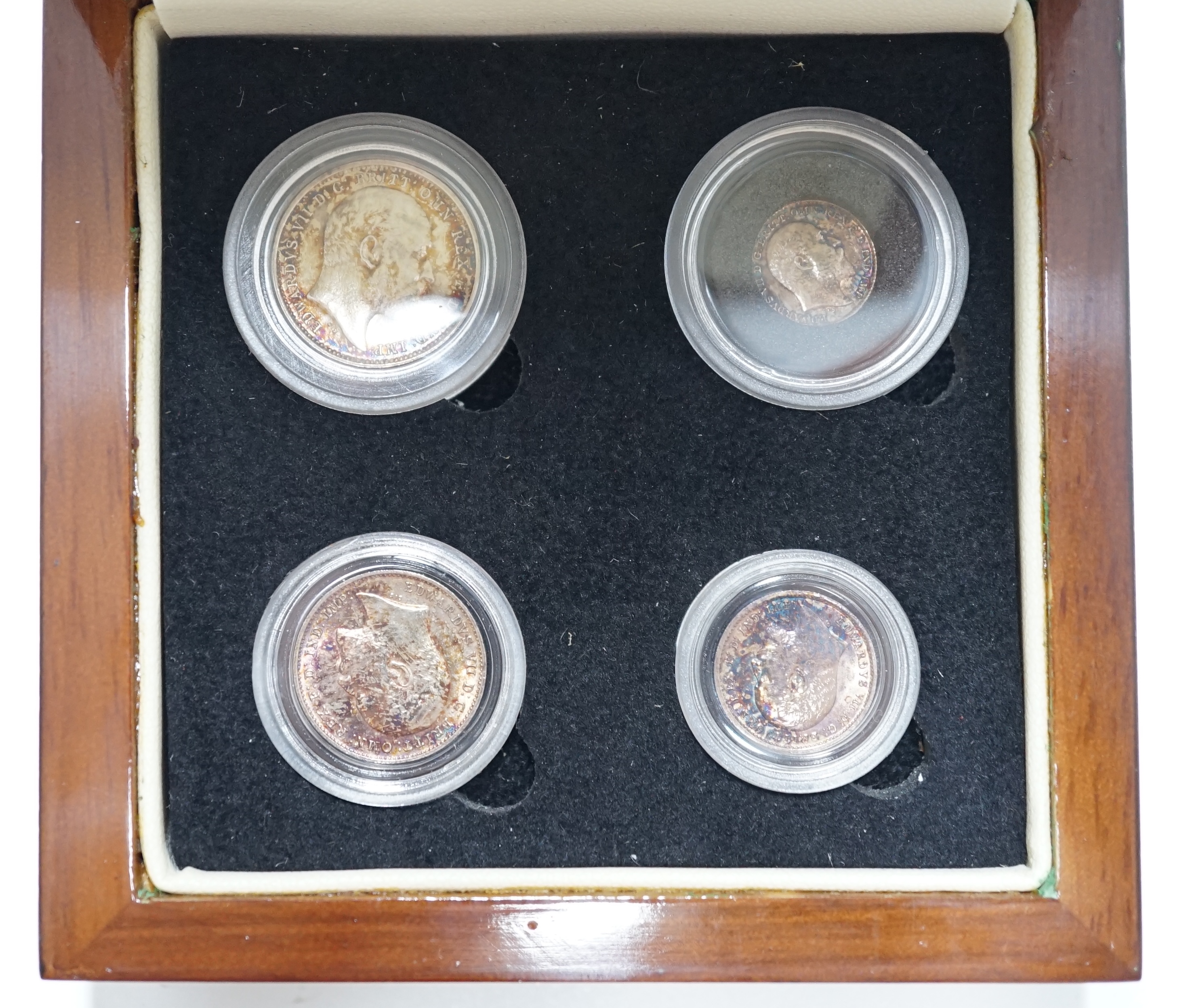 British silver coins, Edward VII four coin set of Maundy coins, 1904, toned UNC, in London mint case